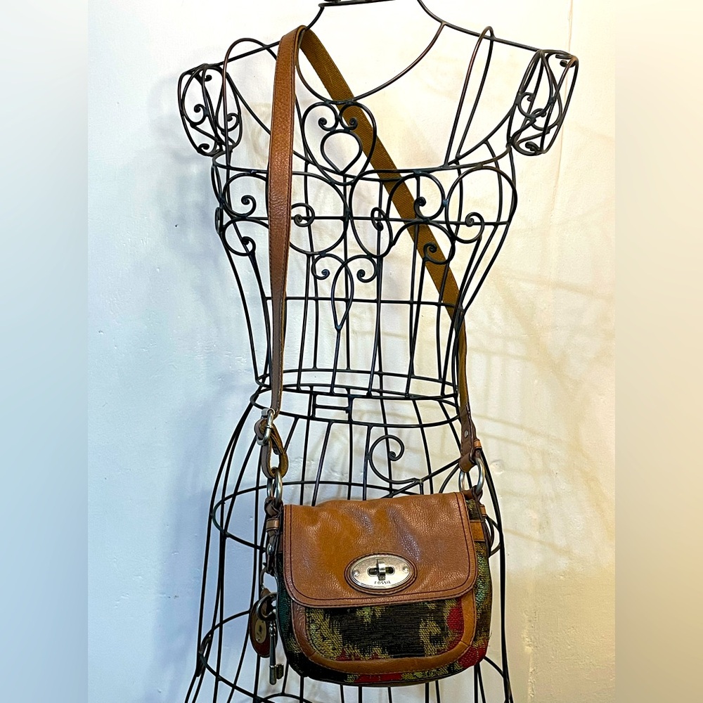 Fossil Leather Tapestry Crossbody Bag w/ Heavy Brass Hardware #H-26
